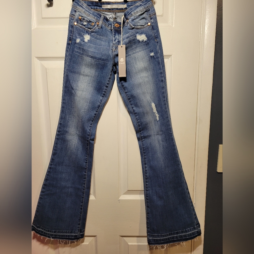Tractr Blue Boot Cut Jeans with Distressed Details